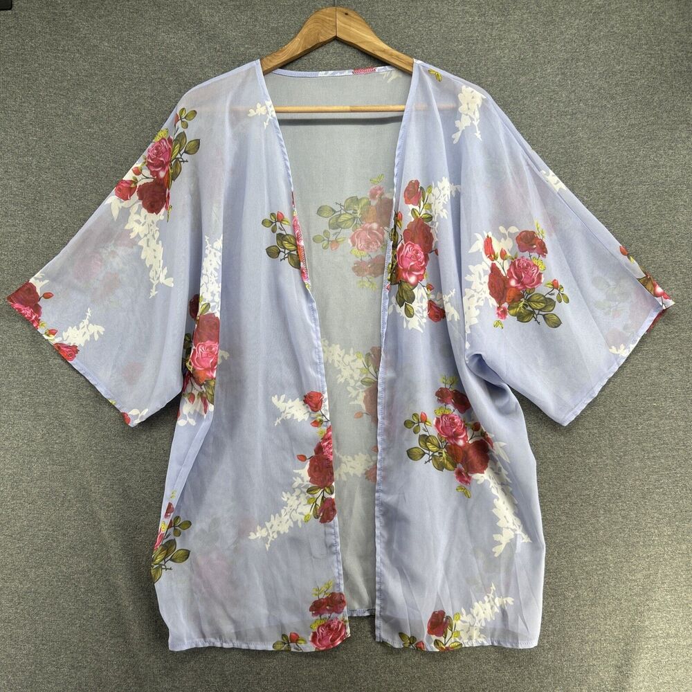 Floral Kimono OSFM Lavender Pink Rose Open Front Sheer Cover Up Romantic